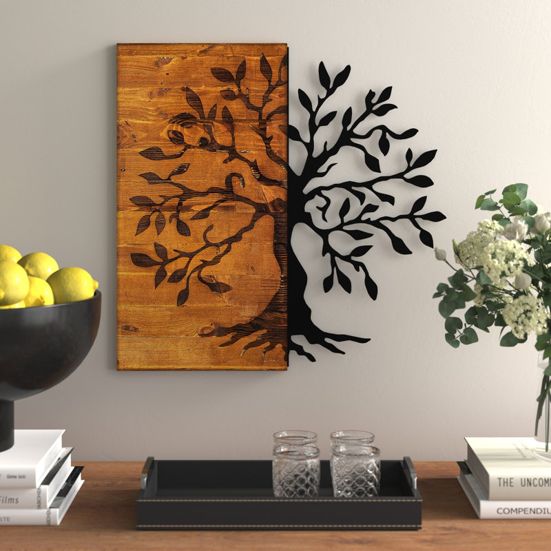 Decorative Wooden Wall Accessory, 22.8 x 22.8 inches | 50% Real Wood (Walnut) & 50% Metal (Black), Thickness: 1.2 inches | Unique Design for Home Décor, Easy Wall Hanging, Natural Variance in Colour & Texture