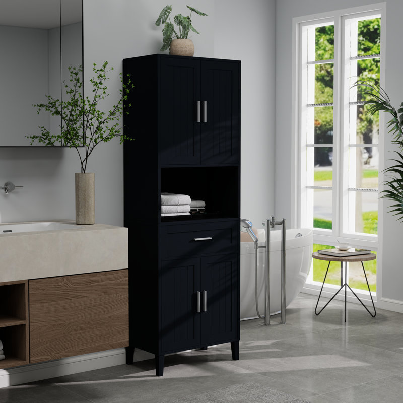 Freestanding Bathroom Storage Cabinet With 4 Doors,A Open Compartment And A Drawer, Black