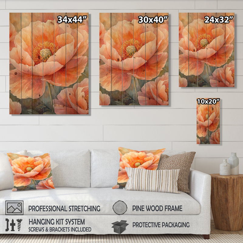 Golden Hour Peony II - Poppies Wood Wall Decor - On Natural Pine Wood, 20" H x 10" W x 0.78" D