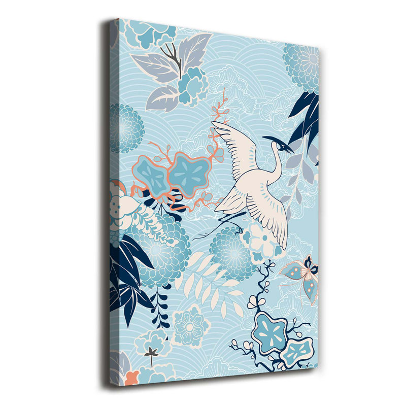 Crane And Flowers - Wrapped Canvas Print