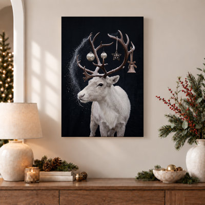 " White Reindeer With Hanging Ornaments And Snow Christmas " Painting