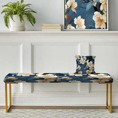 Orchidées asiatiques bleues et blanches à motif floral II - banc rembourré floral doré