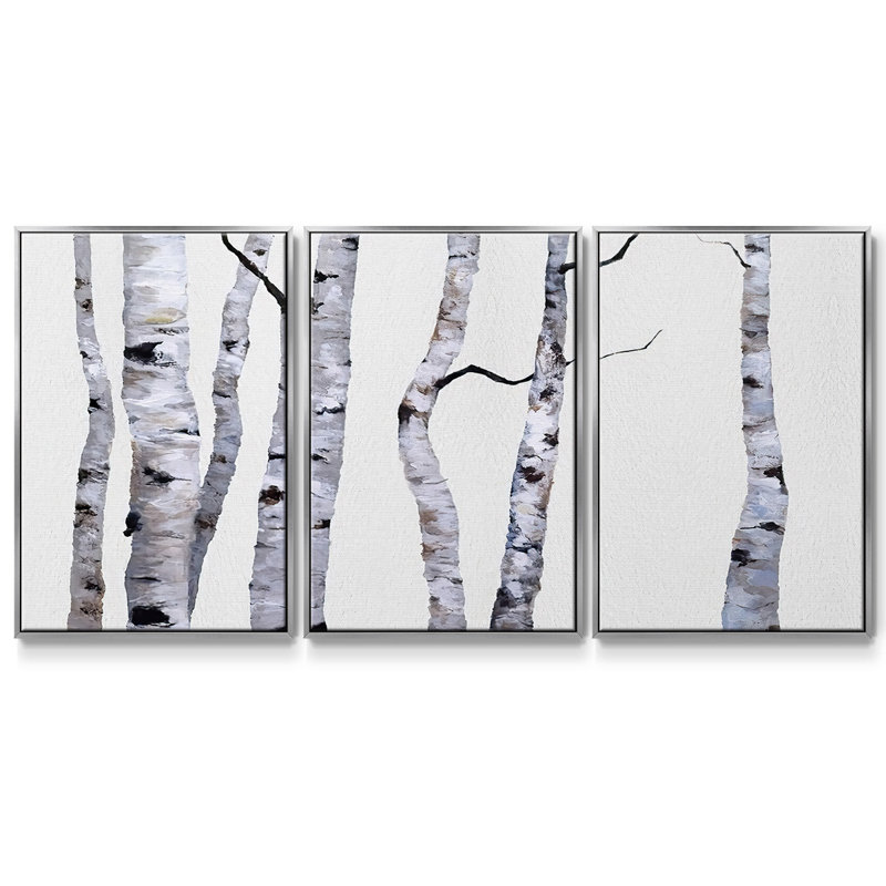 «Birch Trees I», peinture sur toile 3 pièces, H 40 po x l 78 po, Encadrement argenté