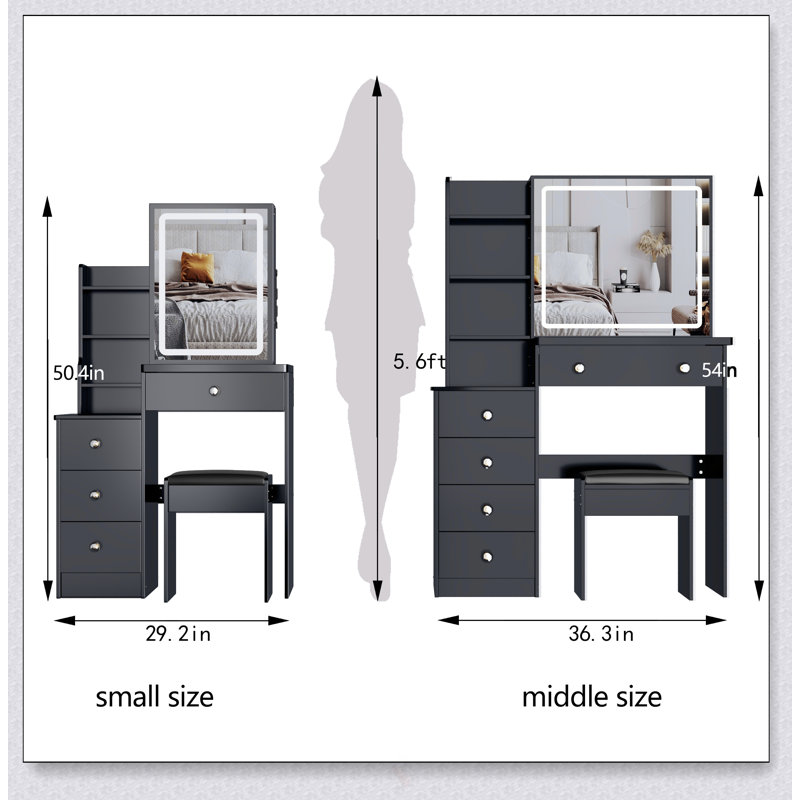 Ensemble de coiffeuse compacte avec miroir à DEL, rangement coulissant et tabouret rembourré pour les petits espaces