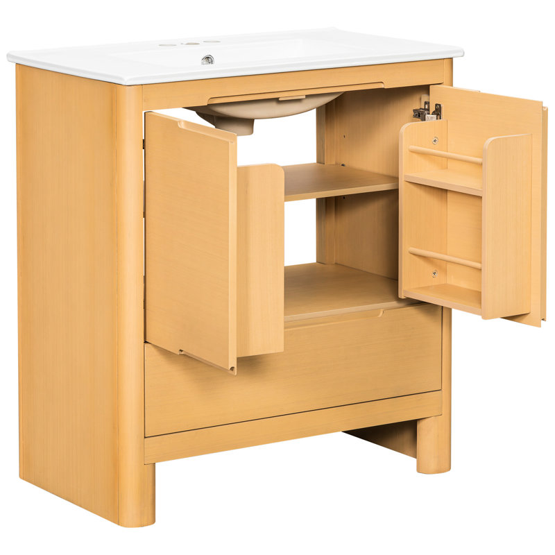 Meuble-lavabo moderne adouci de 30 po avec lavabo en bois de pin et en céramique, dossier ouvert, tiroir inférieur spacieux, portes à fermeture en douceur avec style, grain naturel, tablette réglable,