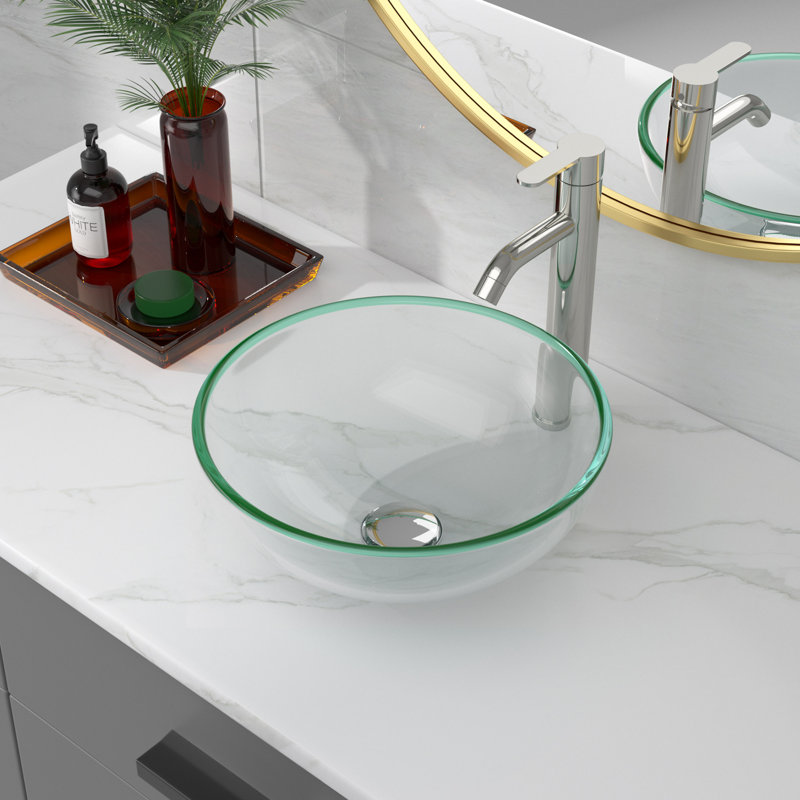14" L x 14" W x 5.3" H Glass Bathroom Sink Above-Counter Circular Tempered Glass Vessel Sink with Pop Up Drain
