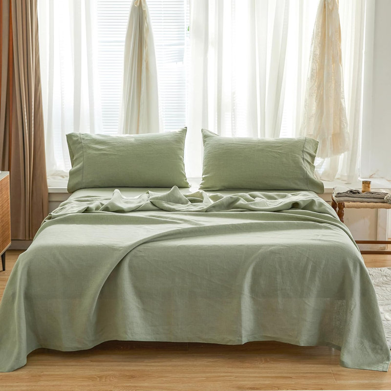 100% French Linen Sheet Set Breathable Durable For Hot Sleepers Bedding 4 Pcs - 1 Flat Sheet,1 Fitted Sheet,2 Pillowcases