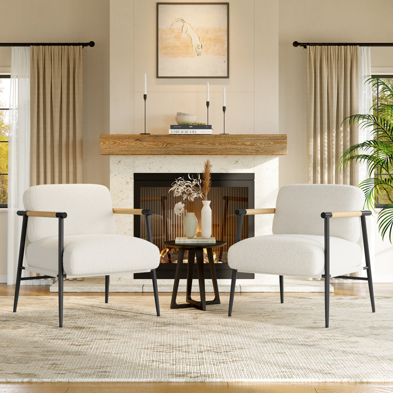 Comfy Chair, Modern Accent Chair with Metal Frame, Cozy Reading Chair with Soft Cushion & Wood Armrest for Bedroom, White