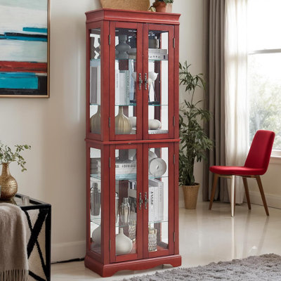 71" Lighted Curio Cabinet, Vintage Glass Display Cabinet with Tempered Glass Doors & 4 Adjustable Shelves, Bulb Included, Arched Bottom Design, Wine Bar China Cabinet for Living Room, Kitchen
