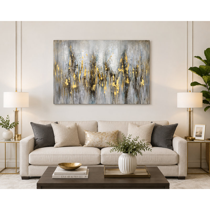 Golden Reflections Hand-Embellished Gold Abstract Wrapped Canvas Wall Art, 36" H x 48" W
