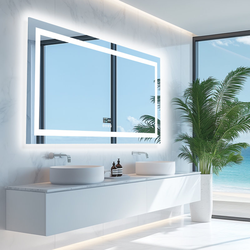Led Bathroom Mirror With Lights, Wall-mounted With Bluetooth Speaker, Time & Date Display Anti-fog, 3 Color Temperature, Dimmable Brightness, Ip65 Waterproof, Tempered Glass, Frontlit & Backlit