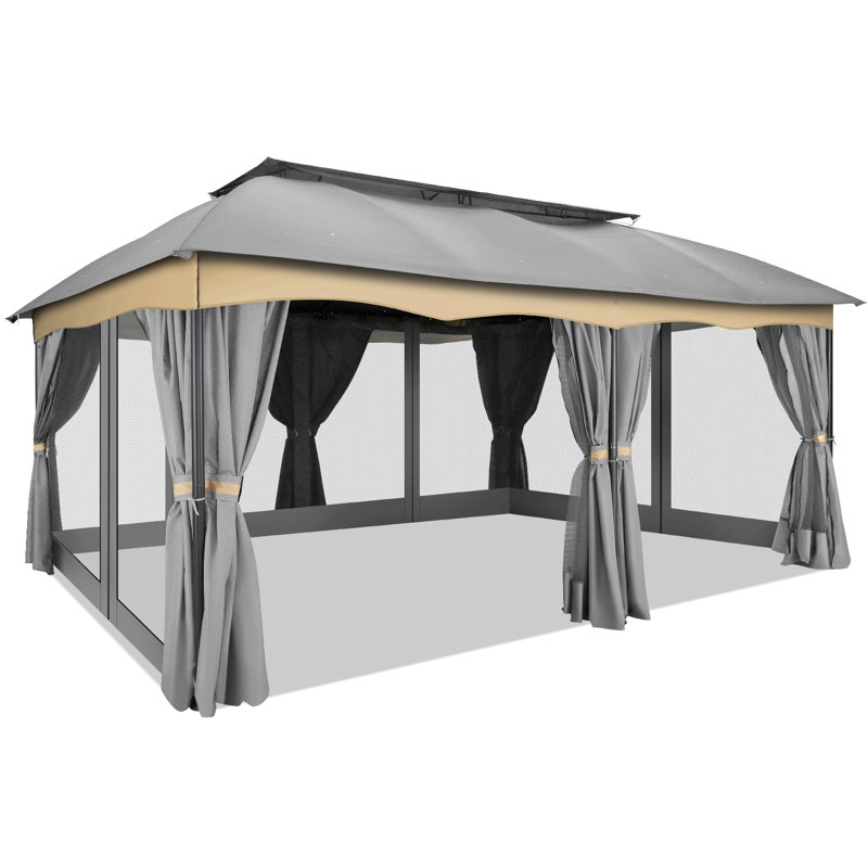 Pavillon de jardin 12 x 20 avec rideaux et filets, Gris