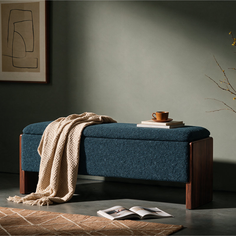 Banc de rangement rembourré bouclé de 42,5 pouces avec pieds en bois massif, Bleu