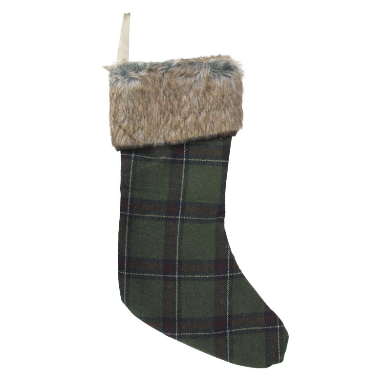 Chaussette de Noël 17,5 po à motif écossais vert et brun avec manchette