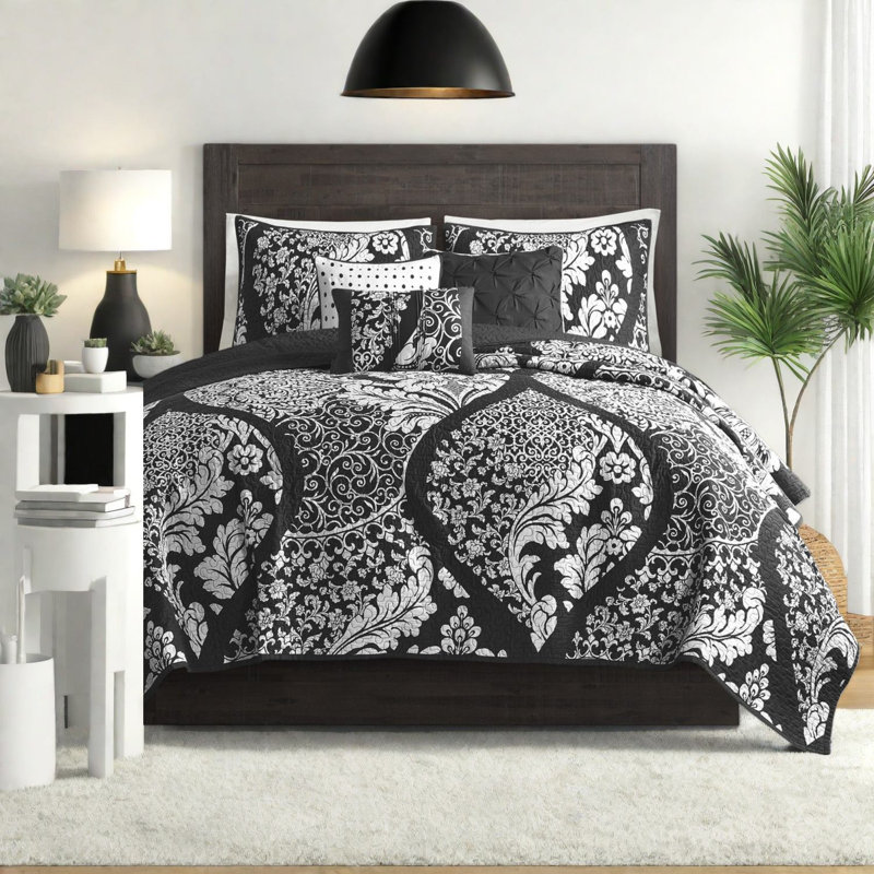 Reversible Cotton Bedding Sets, 6-piece Damask Design, Black, Full/queen
