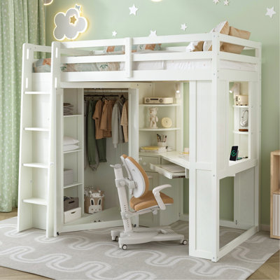 Twin Size Loft Bed With Integrated Large Wardrobe And Desk, All-In-One Space-Saving High Bed