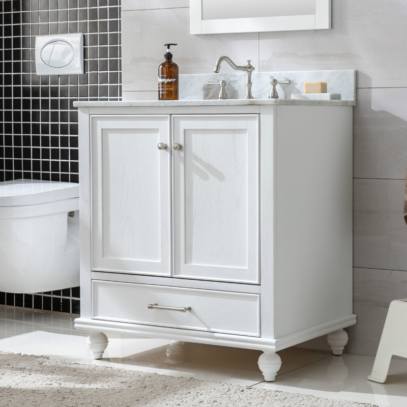 Ensemble de meuble-lavabo simple 30 po Angelissa, Grain blanc / nickel brossé, Pierre artificielle blanc de Carrare