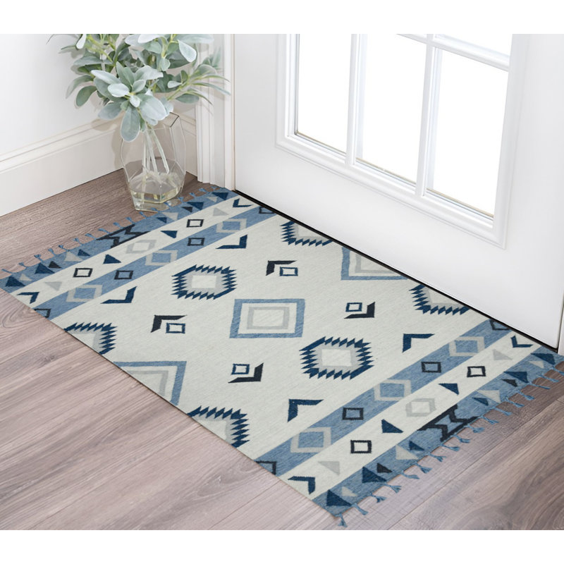 Tapis tribal tissé à plat à la main 3 pi x 5 pi bleu ciel et gris avec frange