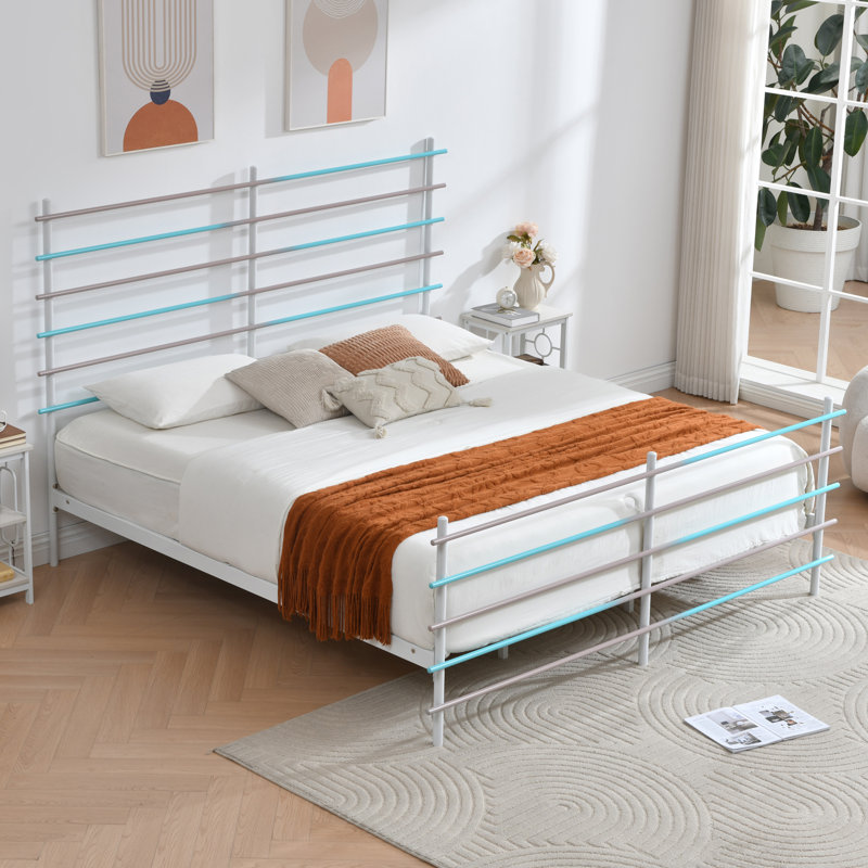 Modern Metal Platform Bed Frame with Colorful Horizontal Bars - Multiple Colors Available, No Box Spring Needed, Sturdy Steel Construction, Easy Assembly