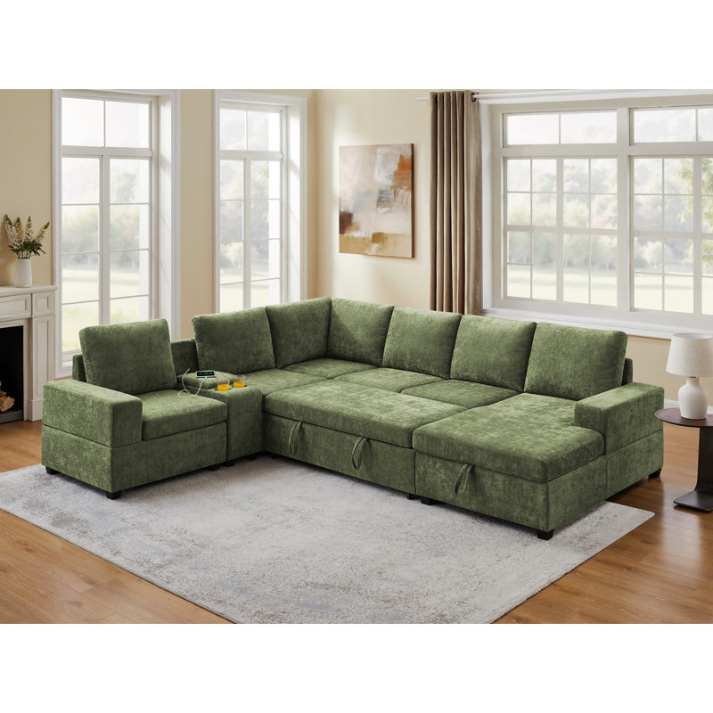 Canapé coulissant avec méridienne de rangement, canapé rembourré avec console, Chenille verte