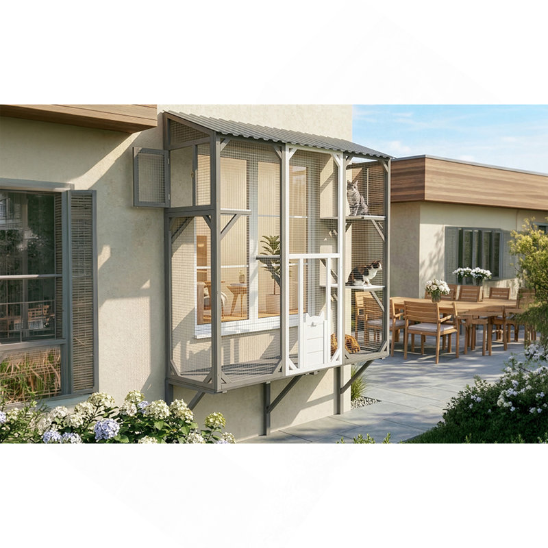 Chat d'extérieur pour chat Catio escalade Catio fenêtre maison de chat clôture de chat avec plateformes pour 1-3 chats, gris + blanc