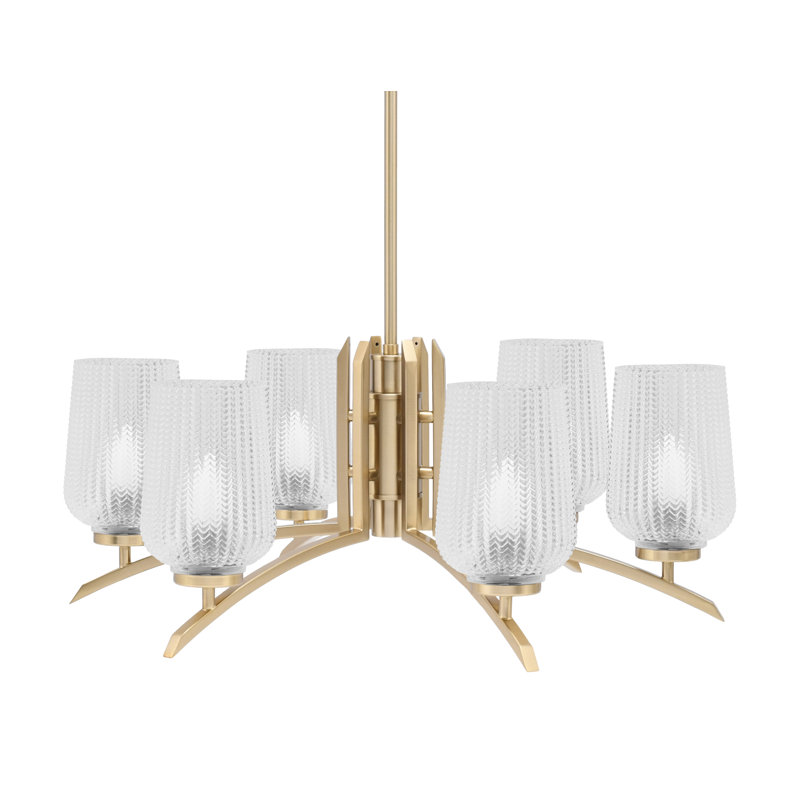 Kurve 6 Light Chandelier Shown In New Age Brass Finish With 5" Textured Glass, Clear