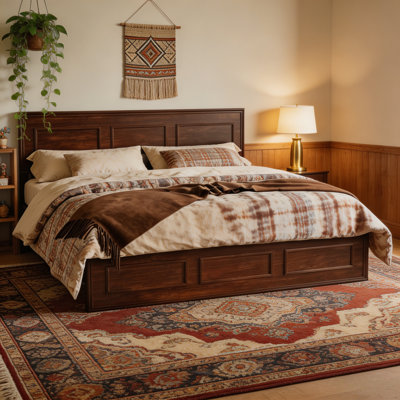 Classic Farmhouse Solid Pine Wood Platform Bed with Adjustable Geometric Panel Headboard and Under-Bed Storage, Full/Queen