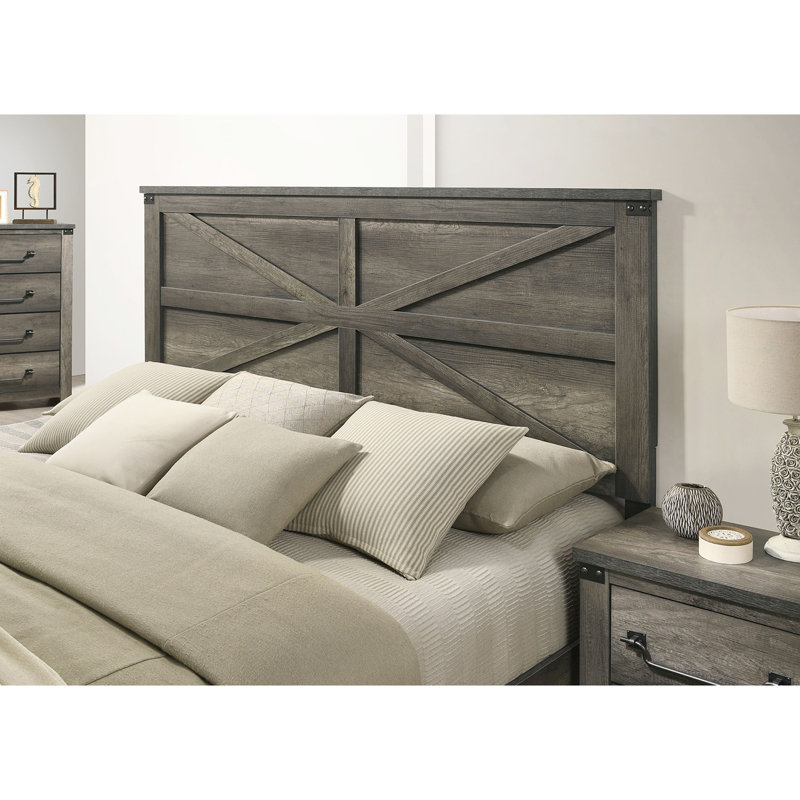 Queen Size Bed In Rustic Gray, Metal And Paper, Casual Bedroom Decor Gray Frame With Rubberwood Legs, Headboard, Transitional Style