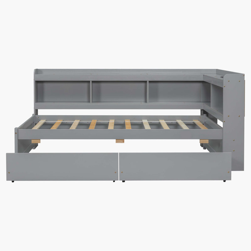 Lit-bibliothèque en forme de L gris en bois massif Watsons avec prises de courant, ports de chargement USB et deux tiroirs de rangement