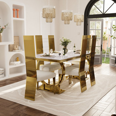 7 Piece White And Silver Dining Table Set With 6 White Boucle Dining Chairs