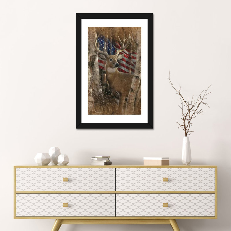 Whitetail Buck America par Collin-gris-impression d’art graphique, H 24 po x l 16 po x P 1 po, Blanc, Papier encadré noir
