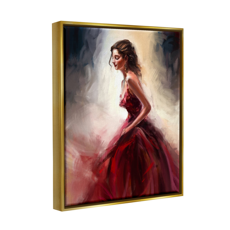 Robe femme élégante rouge par Ziwei Li, 31" H x 25" W x 1.7" D, Cadre flottant métallique doré