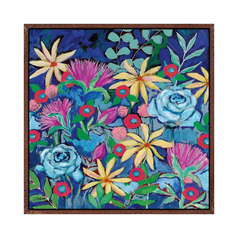 Floral II by Teresa Kogut - Painting on Canvas, Classic Brown Wood Floater Framed, 93.98cm H x 93.98cm W x 3.81cm D