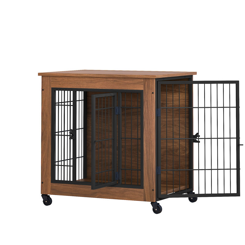Cage pour petits chiens de 69 cm (27,2 po), robuste, à double porte, en métal avec roulettes, table d'appoint en bois, bien aérée et facile à déplacer à l'intérieur, conçue pour réduire l'anxiété et la sécurité des chiens.