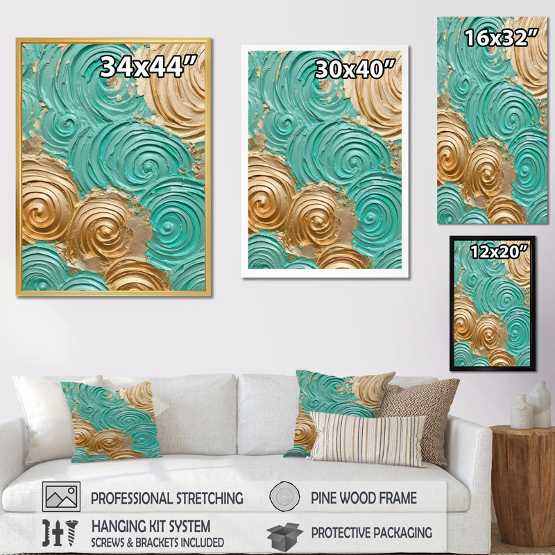 «Teal Gold», reproduction sur toile, 32" H x 24" W, Cadre flottant doré