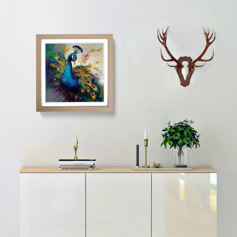 Peacock Gestural Art No.1 - Single Picture Frame Print on Wood, Oak
