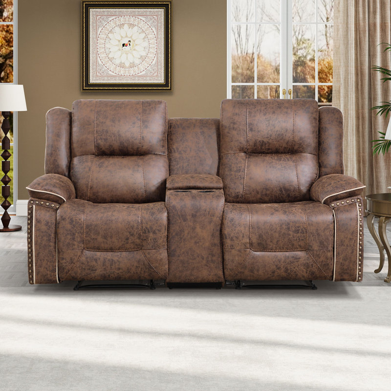 Almyra Vintage Faux Leather Manual Reclining Loveseat Sofa With Nailhead Trim & Dual Cup Holders & Compartment Storage