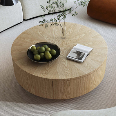 Scandinavian Round Coffee Table with Ash Veneer and 2-Drawer Storage