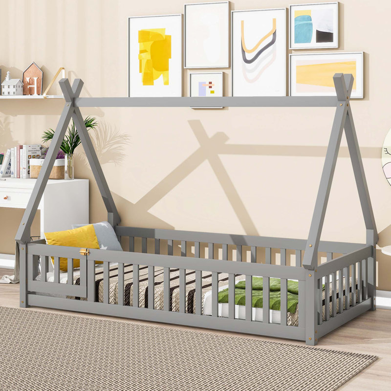 Tent-Shaped Floor Bed, With Guardrails, Grey, Twin