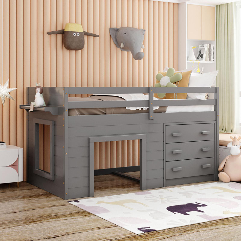 Lit mezzanine simple avec armoire et tablette, gris