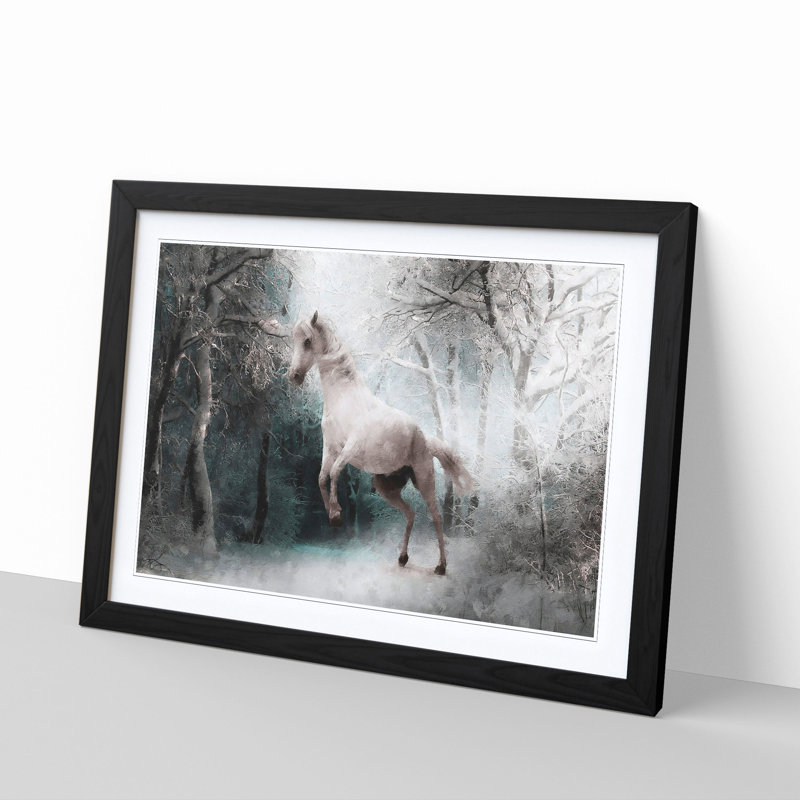 White Horse Rearing in a Winter Forest - Picture Frame Painting Print, Black Framed, 62cm H x 87cm W x 2cm D