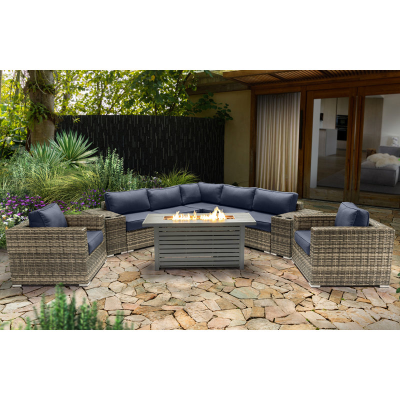 Ensemble de conversation pour 6 personnes avec foyer et coussins Sunbrella Lsi, Sunbrella bleu marine