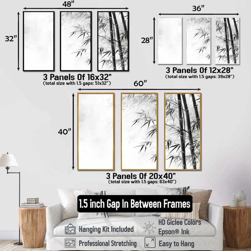 Ensemble de décorations murales en bambou sauvage noir et blanc, Cadre flottant doré, H 32 po x l 48 po x P 1 po