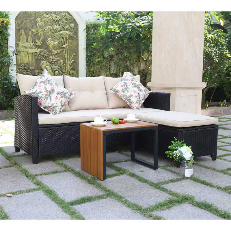 Outdoor Wicker Patio Conversation Furniture Set With Acacia Wood Coffee Table