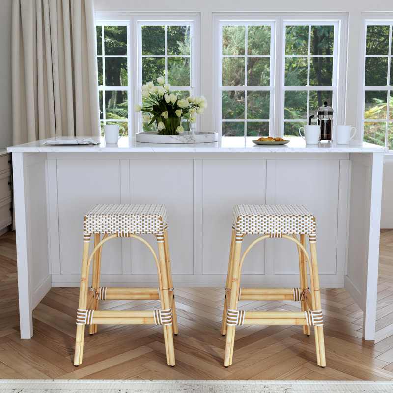 Lennart Counter/Bar Stool, White/Tan Dot / Natural Rattan Frame, Bar Stool (30" Seat Height)