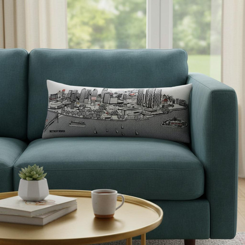 Coussin noir Black Detroit Nighttime Skyline, Crème