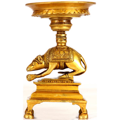 Handmade Brass Ganesha Puja Lamp Pair with Rat Support - 6 Inch Indian Spiritual Home Decor for Rituals and Meditation Spaces