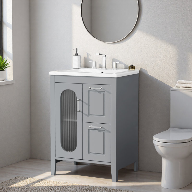 Meuble-lavabo 24 po avec lavabo, meuble-lavabo avec deux tiroirs et porte, tablette réglable, bois massif et panneau de fibres à densité moyenne