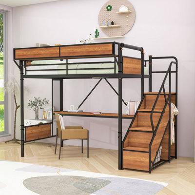 Lit mezzanine avec bureau intégré, prise de courant, bande DEL, panneau perforé, escalier de rangement et garde-robe