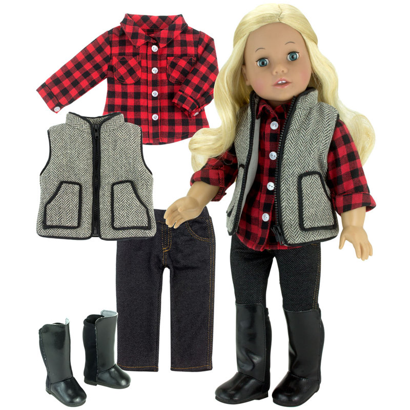 Doll Checkered Shirt, Jeggings, Herringbone Print Vest and Boots